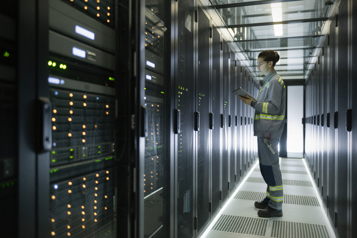 Technicien inspectant une infrastructure cloud de confiance en Europe