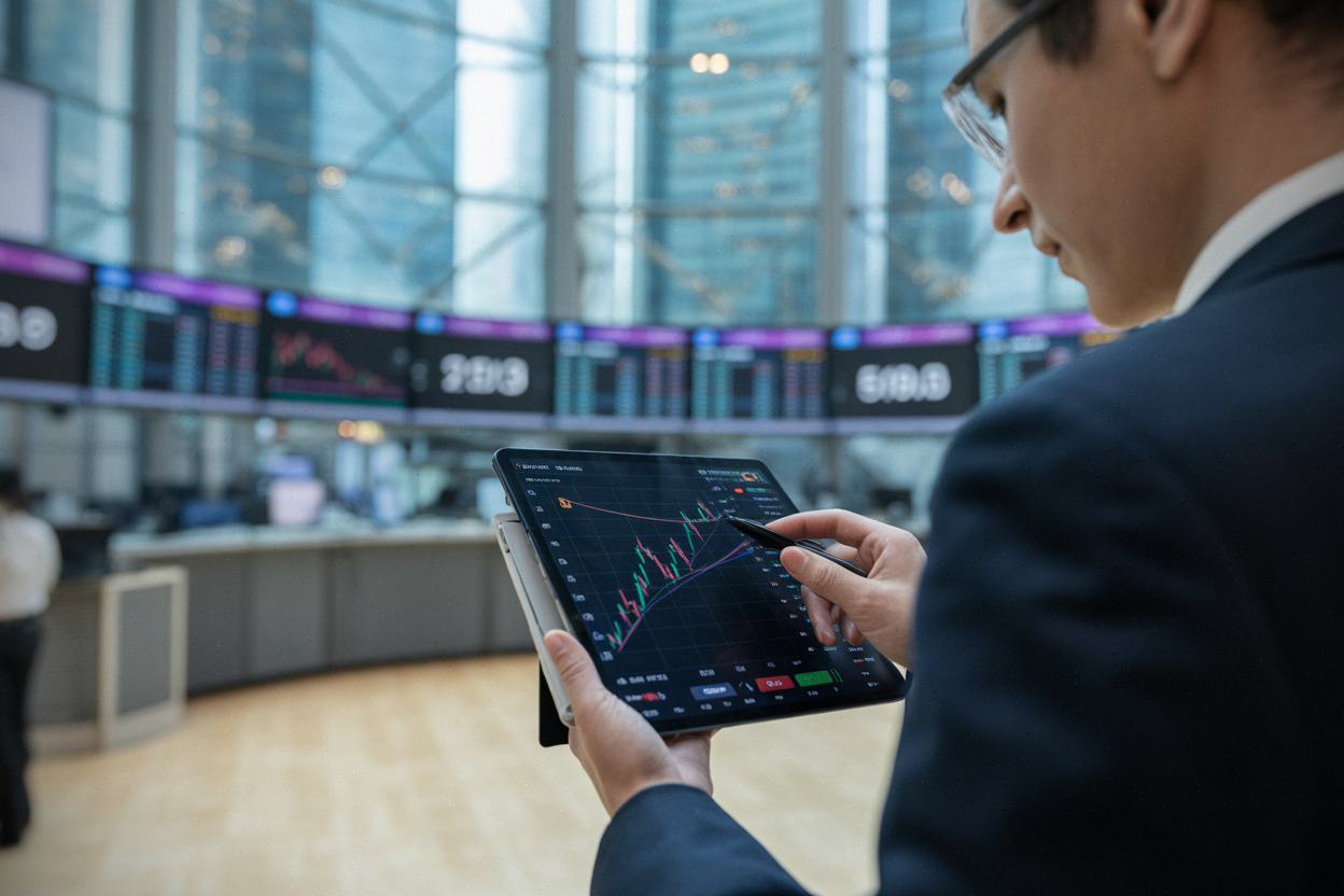 Analyste financier étudiant une cotation technologique à Hong Kong