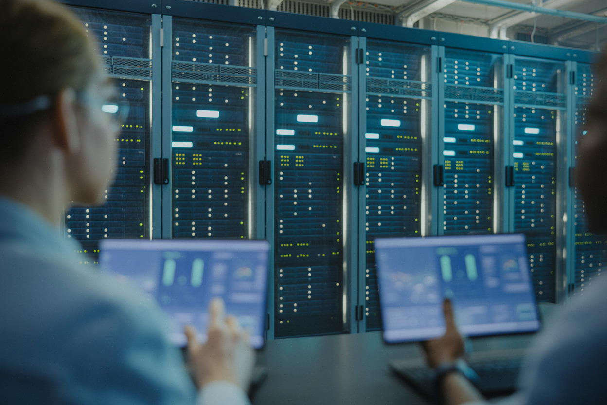 Ingénieurs surveillant des serveurs cloud pour l'intelligence artificielle Google
