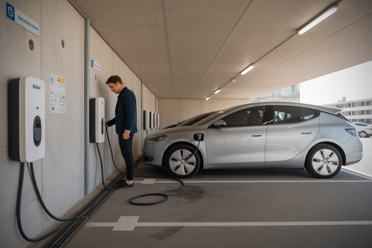 Recharge de voiture électrique dans un parking de copropriété en France