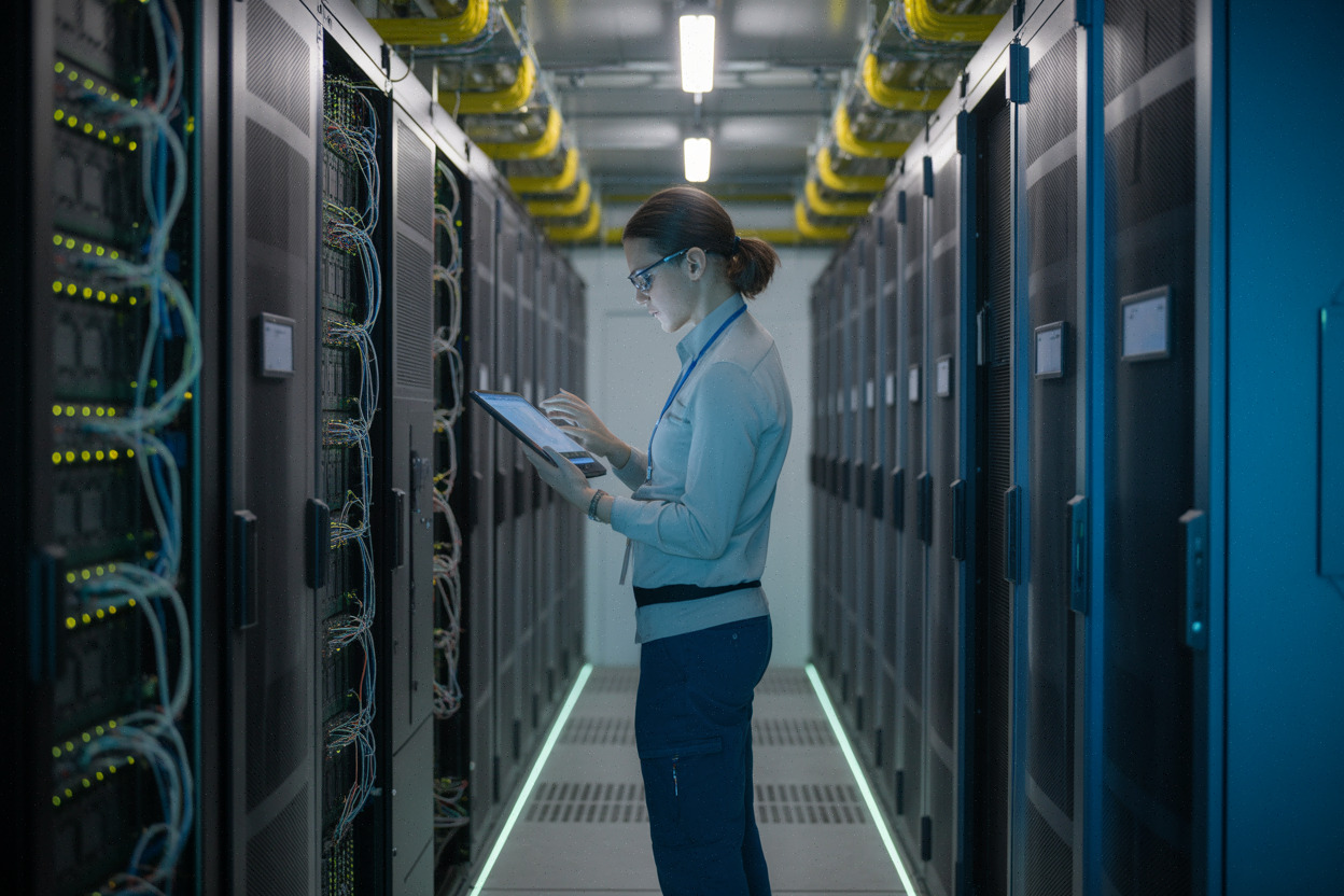 Ingénieur contrôlant des serveurs IA dans un data center moderne