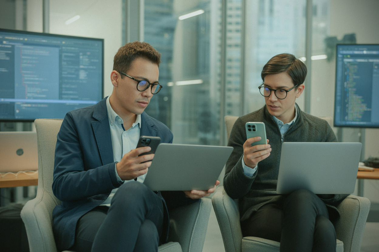 Développeurs testant un modèle IA ouvert dans un bureau moderne