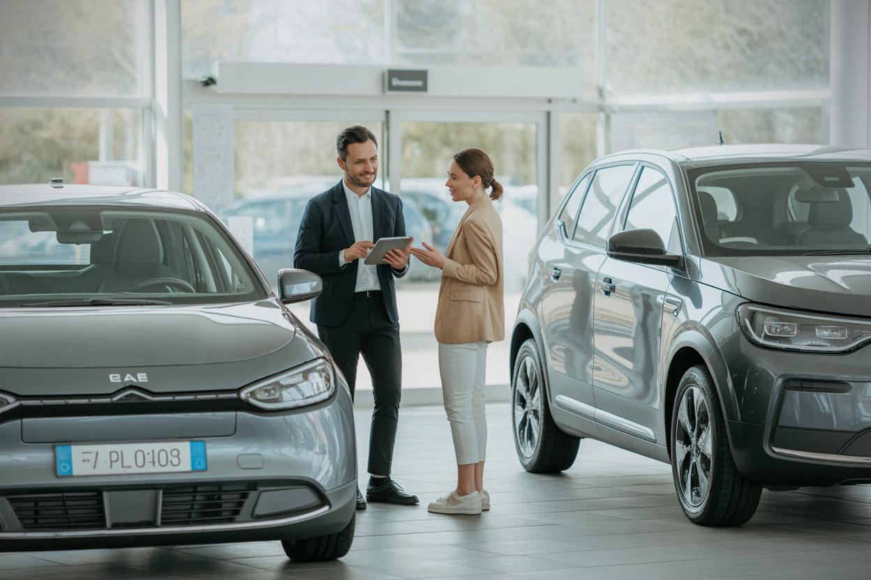 Clients comparant des voitures électriques dans une concession automobile française
