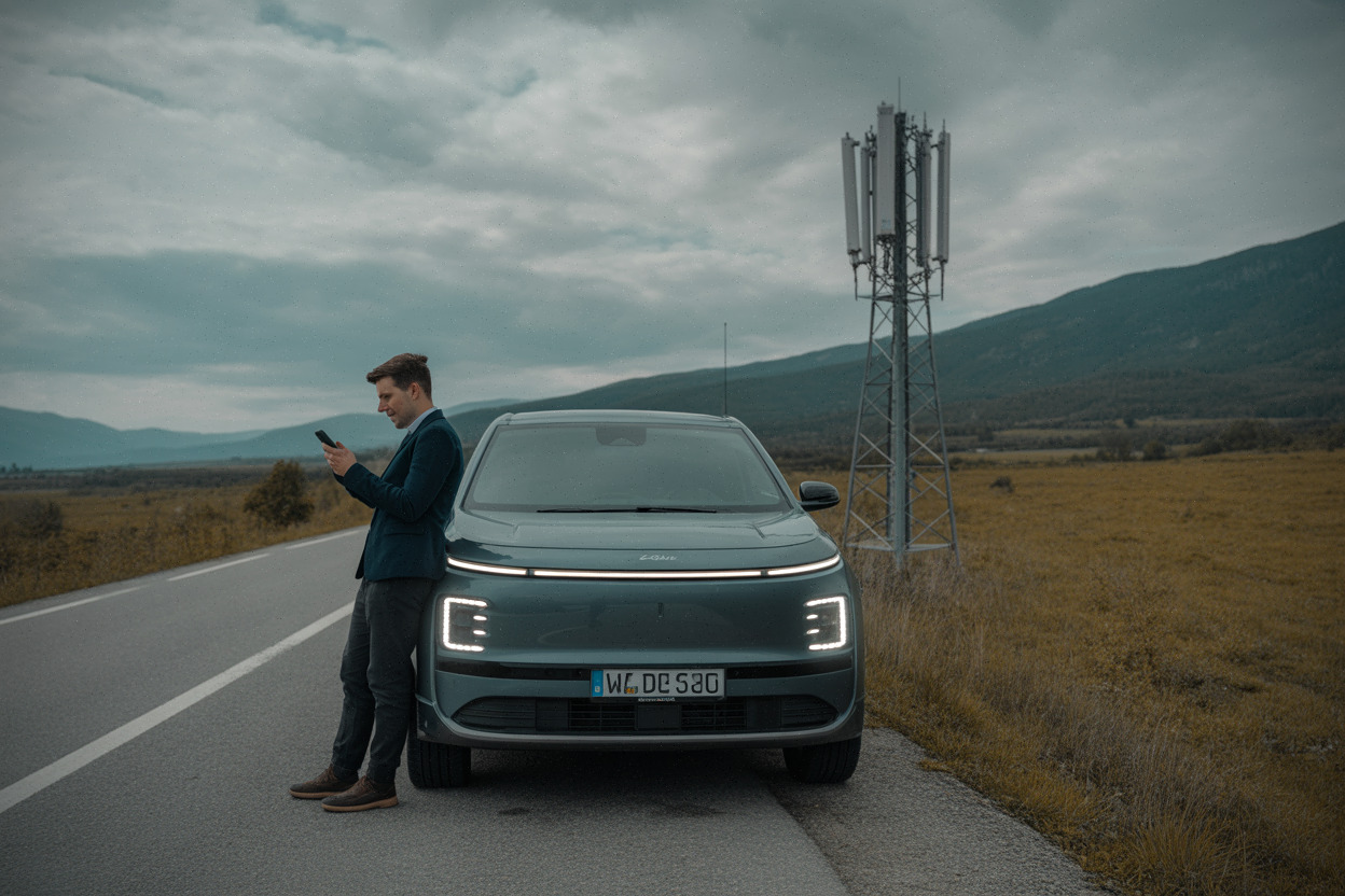 Smartphone connecté par satellite dans une zone blanche rurale