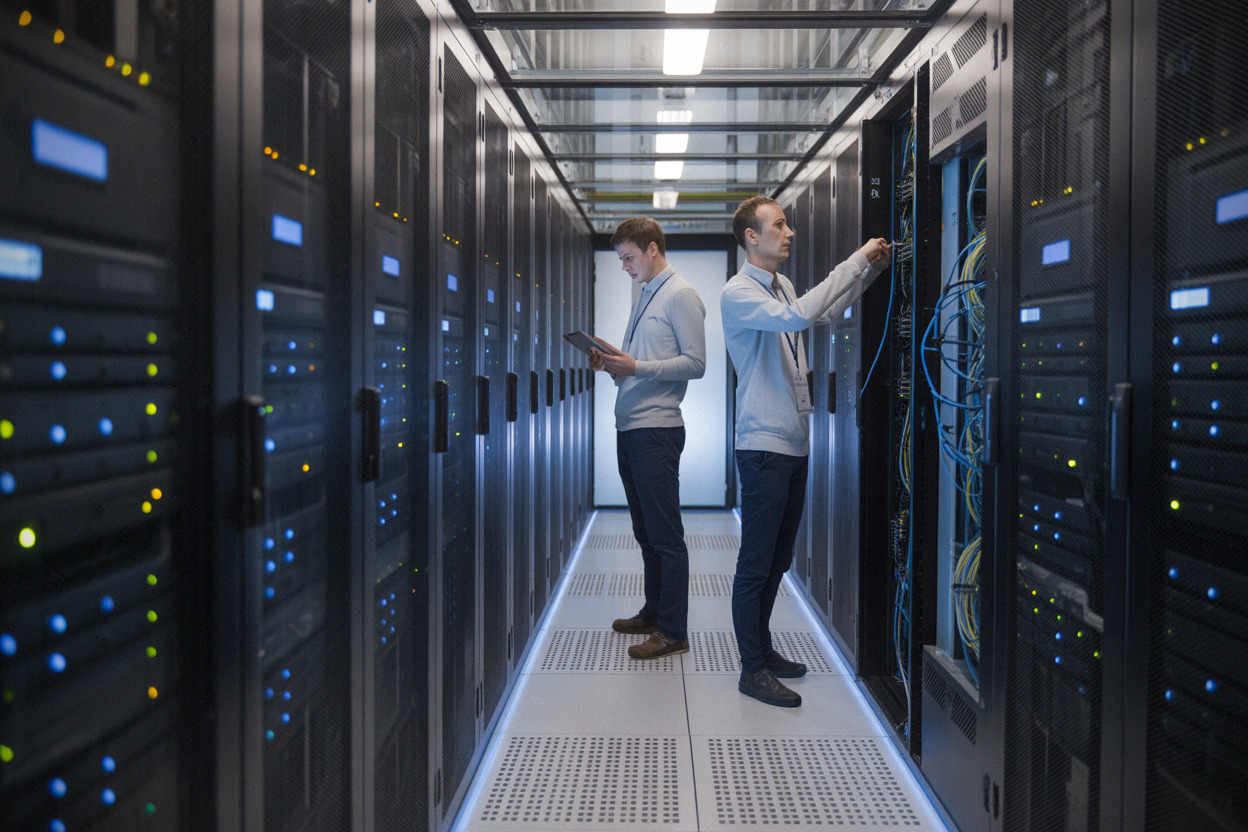 Techniciens européens dans un centre de données cloud sécurisé