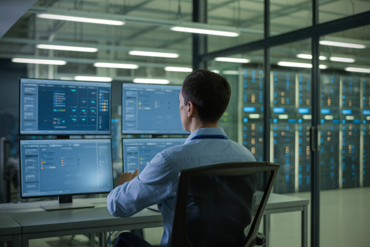 Ingénieur cloud européen surveillant des serveurs de données sensibles