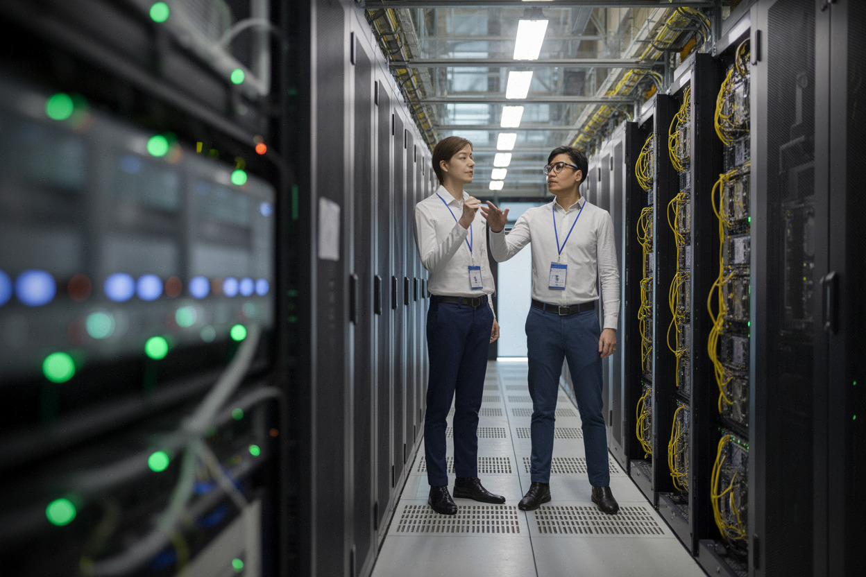 Ingénieurs inspectant des serveurs cloud dédiés à l’intelligence artificielle