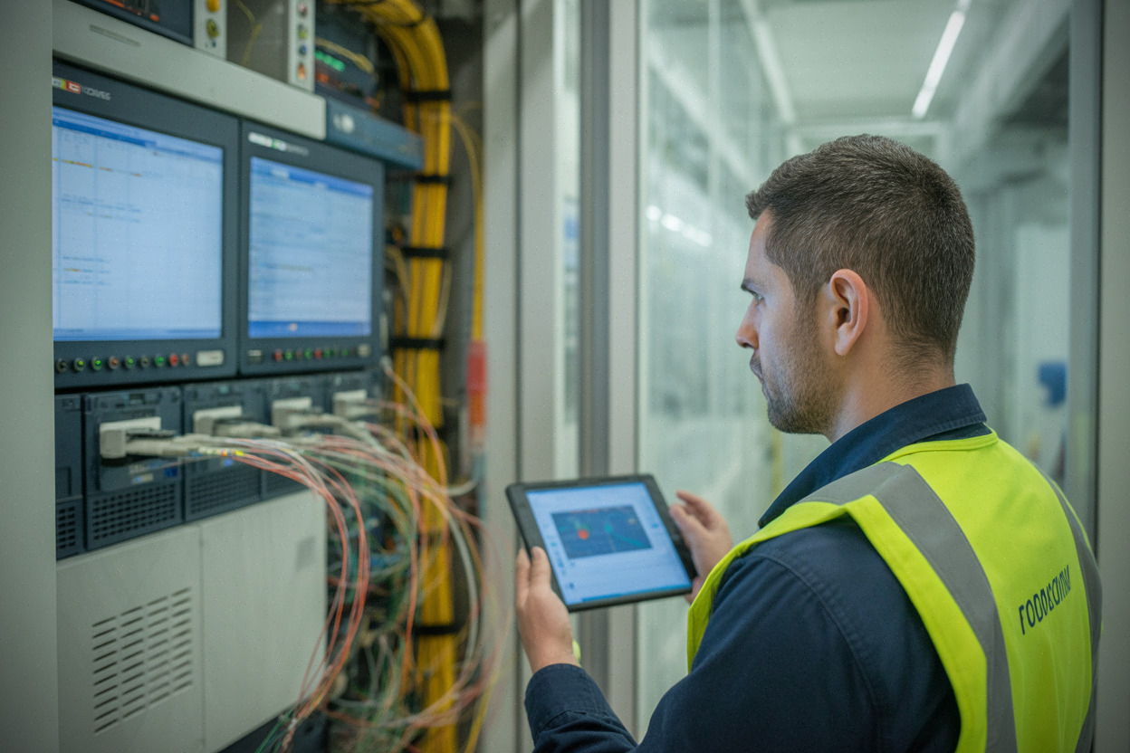 Technicien contrôlant un réseau fibre optique dans un site télécom français