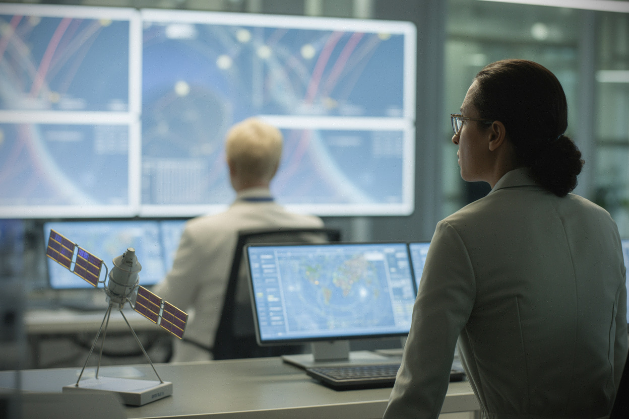 Salle de contrôle surveillant une constellation de satellites en orbite basse
