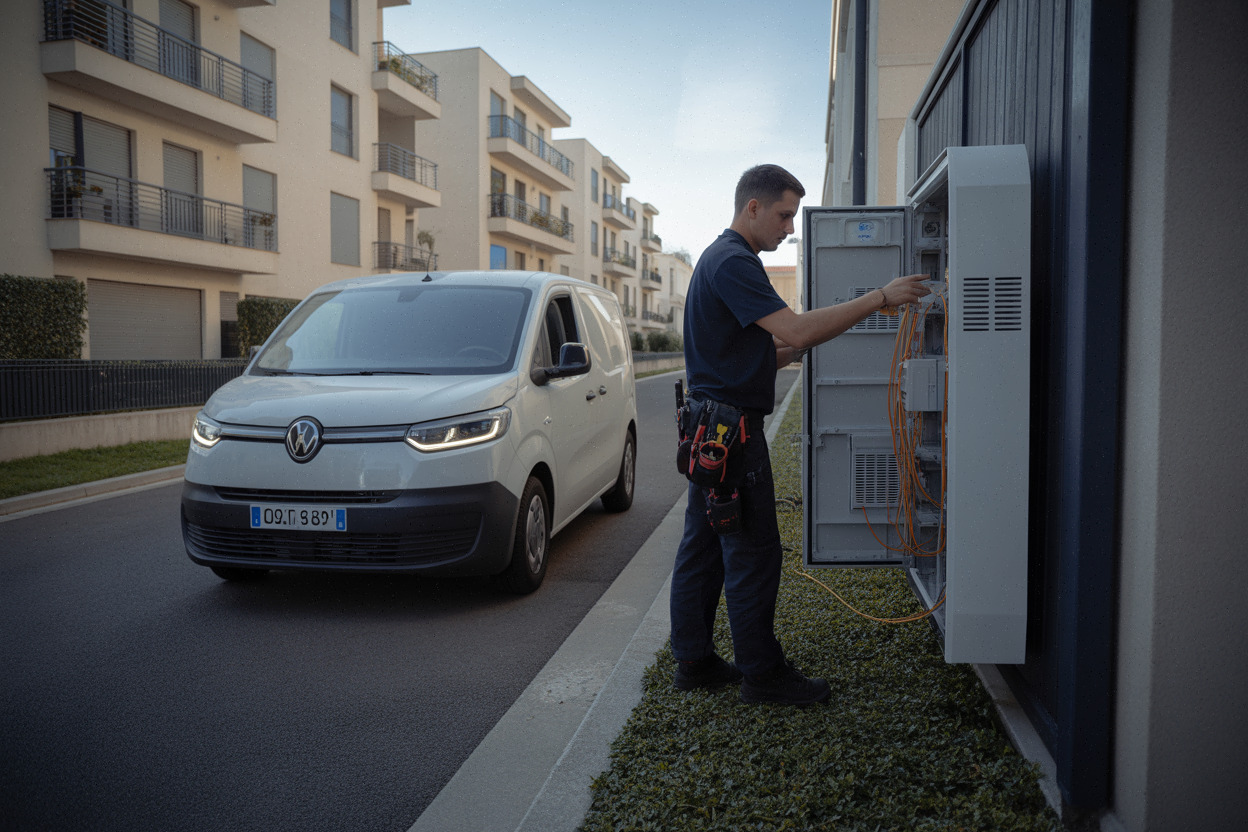 Technicien Free devant une armoire fibre dans une rue française moderne