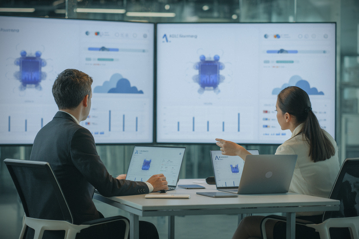 Ingénieurs analysant un modèle IA chinois dans un bureau moderne