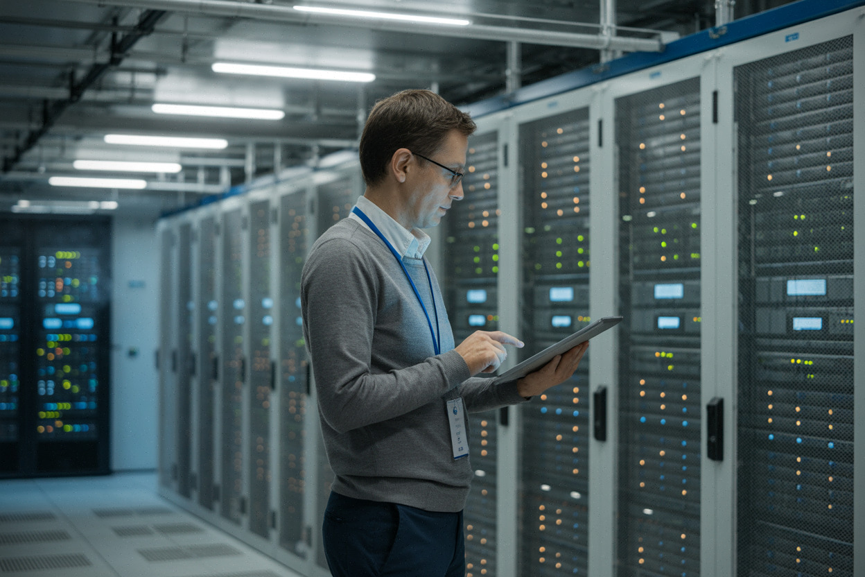 Ingénieur supervisant une infrastructure hybride pour services FaaS