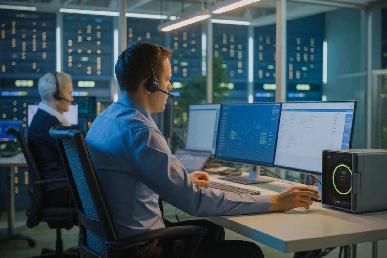 Techniciens surveillant une panne cloud et des sauvegardes externes