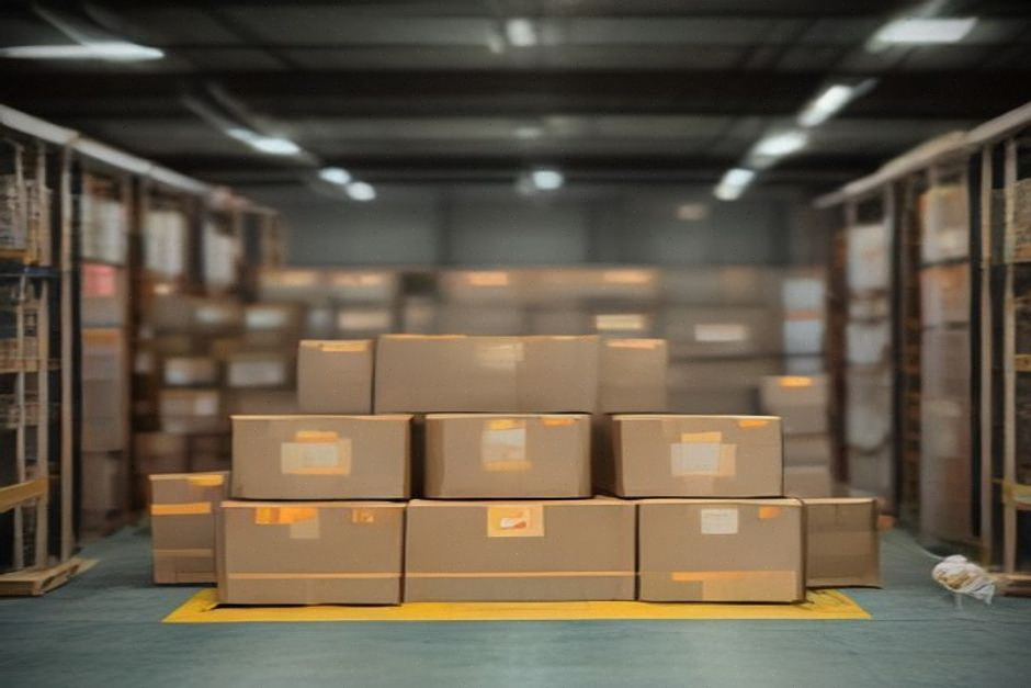 Entrepôt logistique moderne illustrant le commerce en ligne Amazon