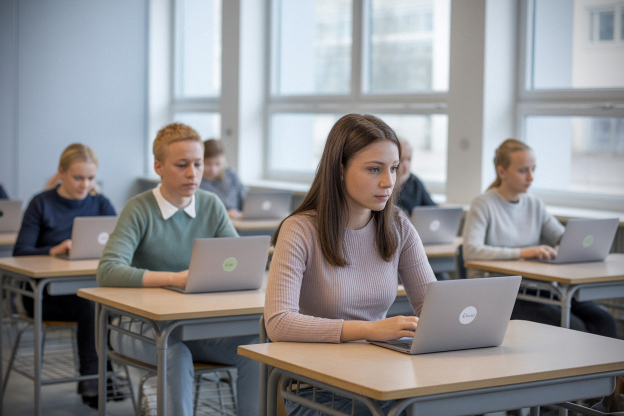 Salle d’examen danoise avec ordinateurs et intelligence artificielle encadrée