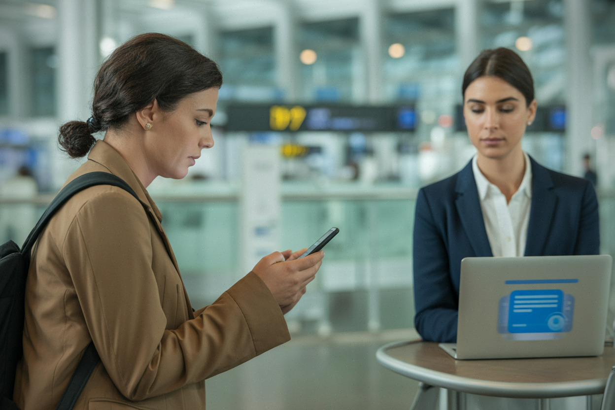 Voyageur utilisant un assistant numérique pour contacter le service client aérien