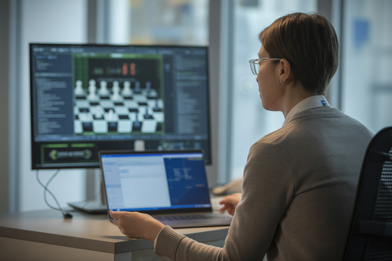 Chercheur analysant un test IA sur une interface d’échecs floutée