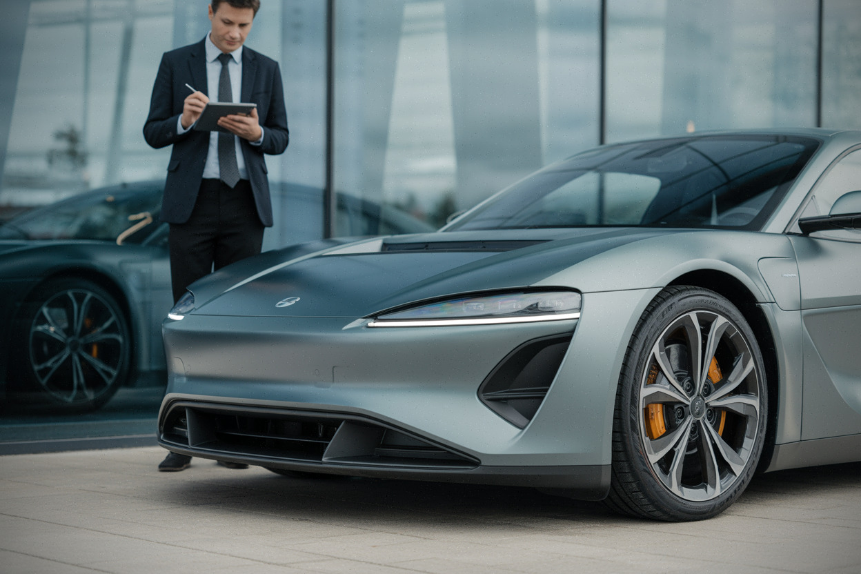 Sportive électrique de 585 ch observée devant un showroom moderne