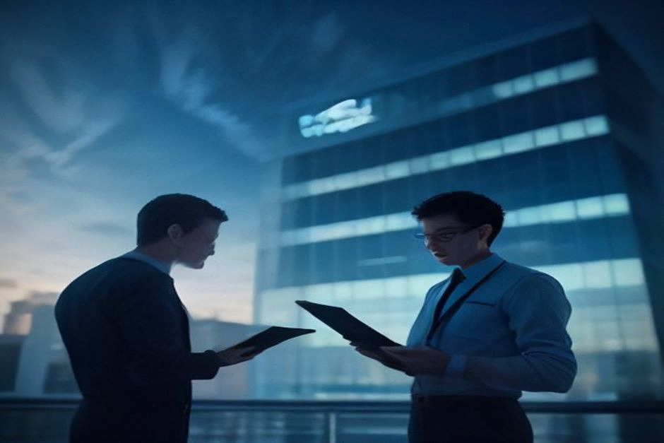 Ingénieurs cloud devant un centre de données pour intelligence artificielle