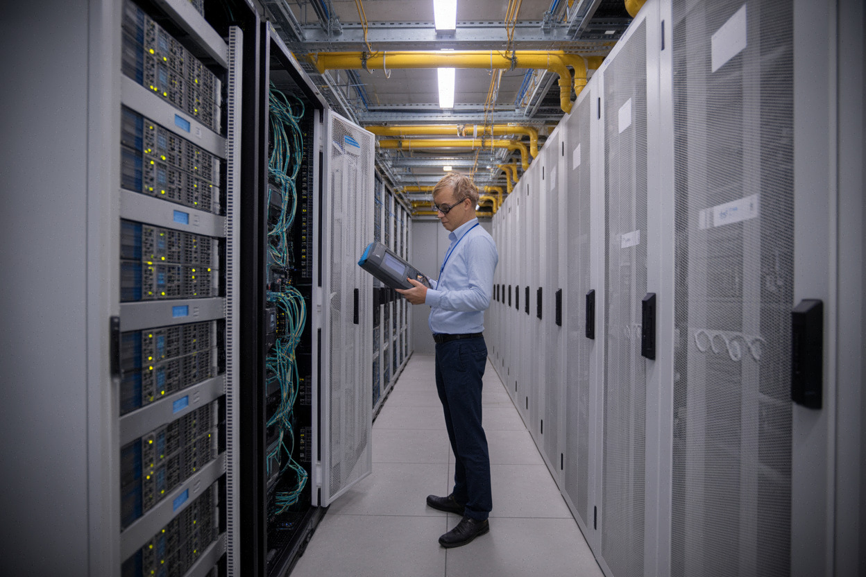 Technicien inspectant des serveurs dédiés au cloud et à l’IA