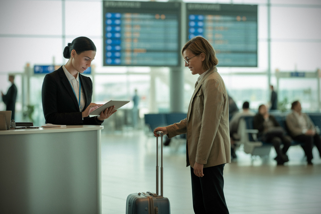 Service client aérien assisté par Gemini dans un terminal moderne