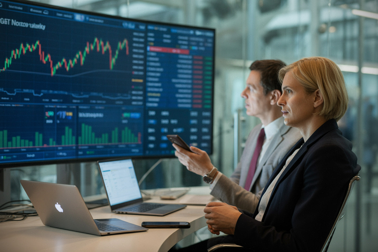 Analystes financiers suivant les résultats trimestriels de Microsoft en salle de marché