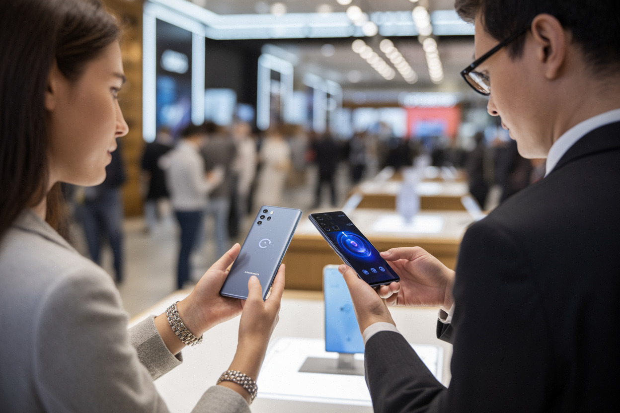 Client comparant des smartphones premium avec fonctions IA en Chine