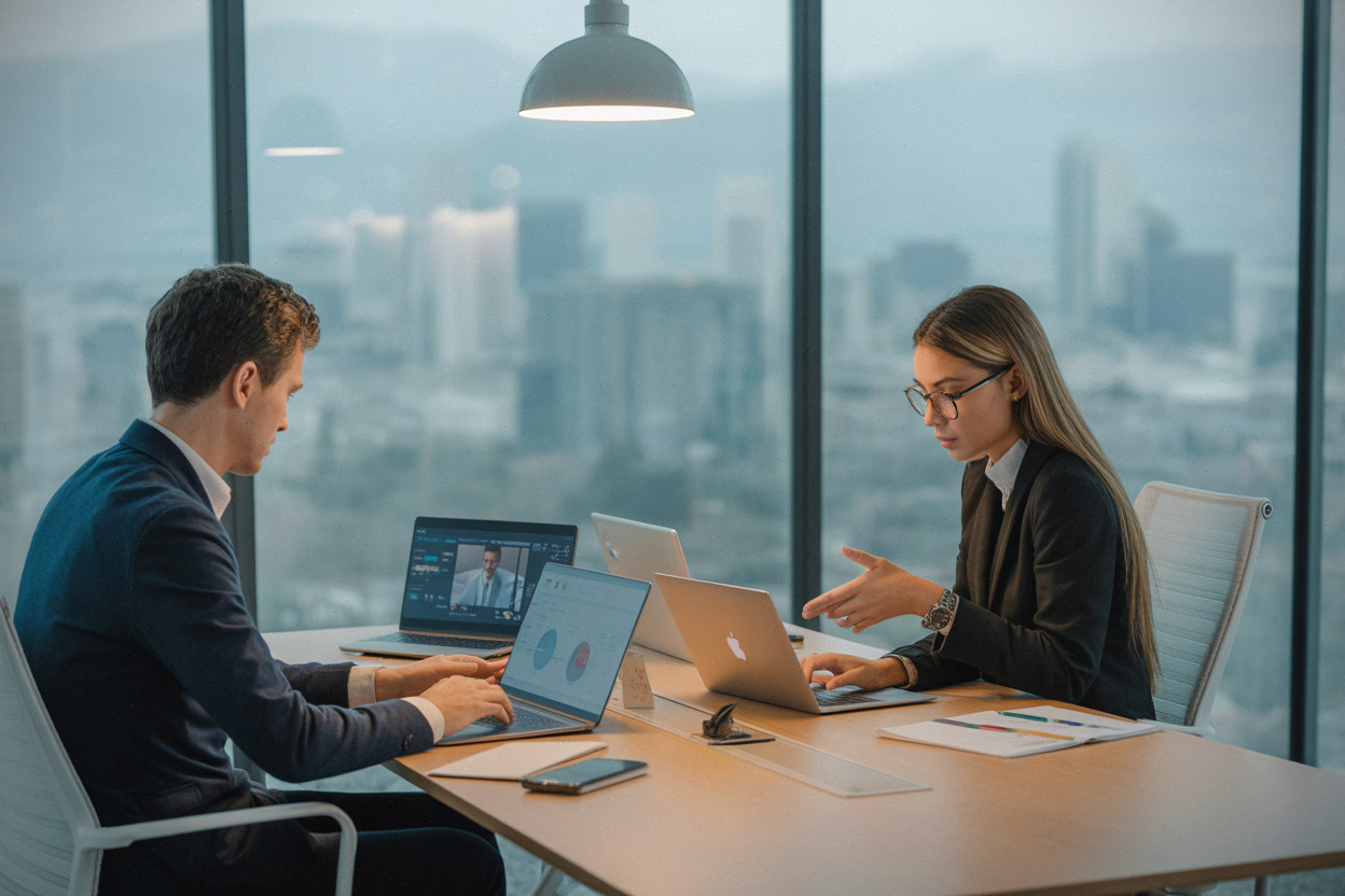 Employés utilisant Microsoft 365 dans un bureau professionnel moderne