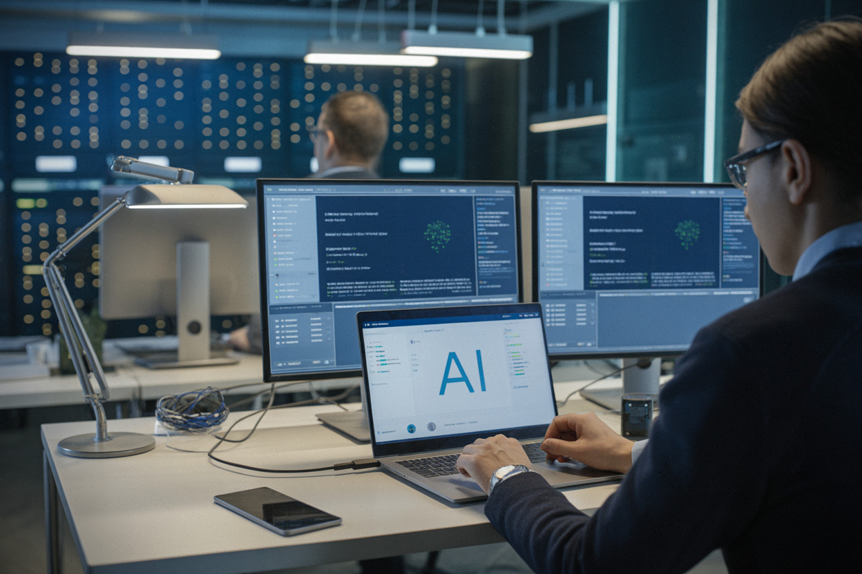 Ingénieurs analysant des logs pendant une cyberattaque assistée par IA