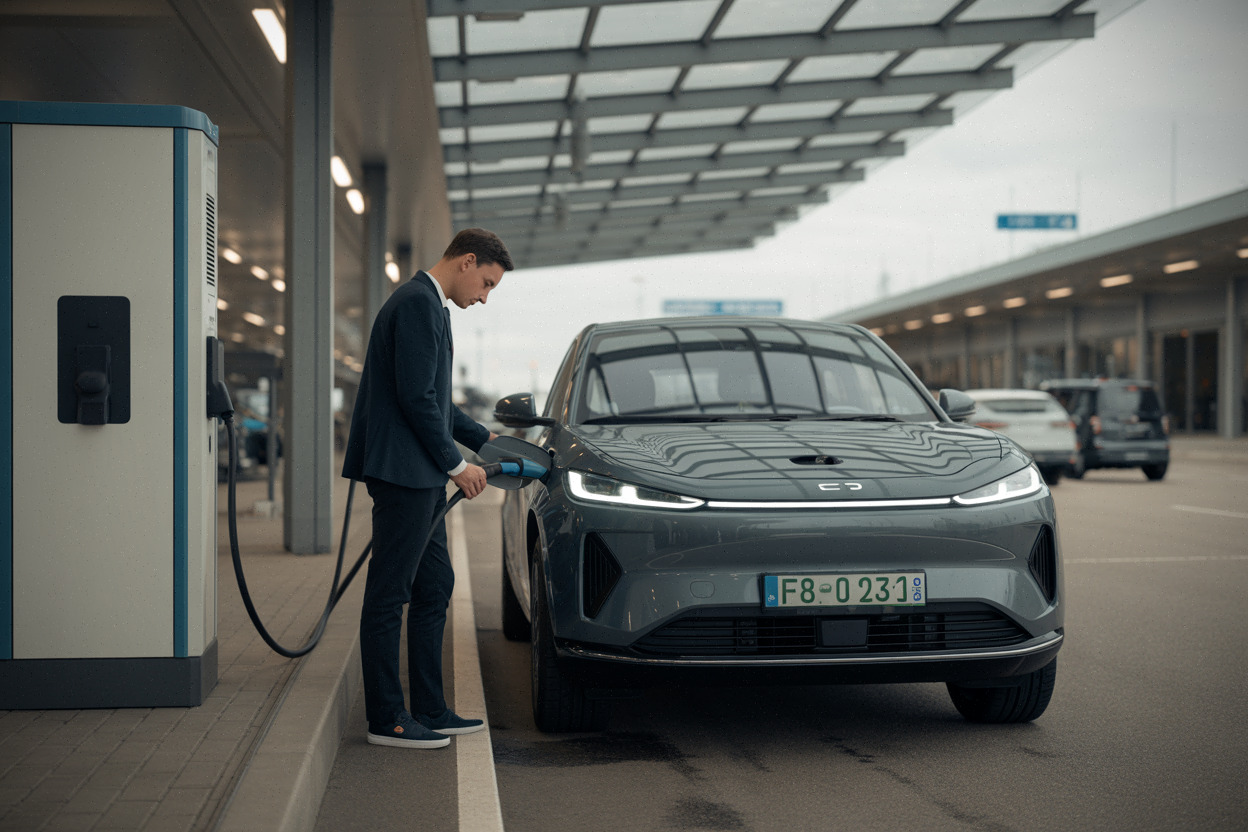 Recharge rapide d’un SUV électrique familial sur autoroute européenne