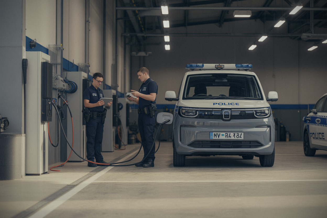 Recharge d'un véhicule électrique de Gendarmerie dans un garage moderne