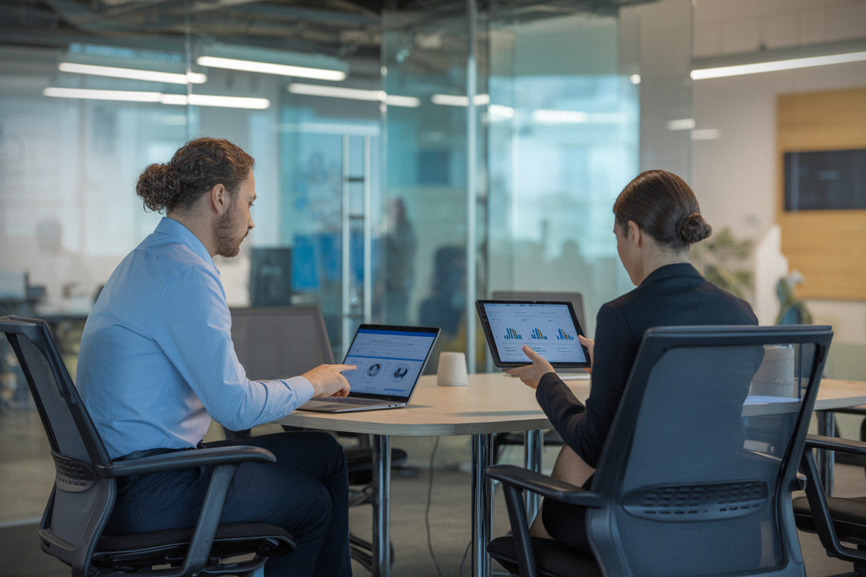 Salariés utilisant un assistant IA dans un bureau moderne