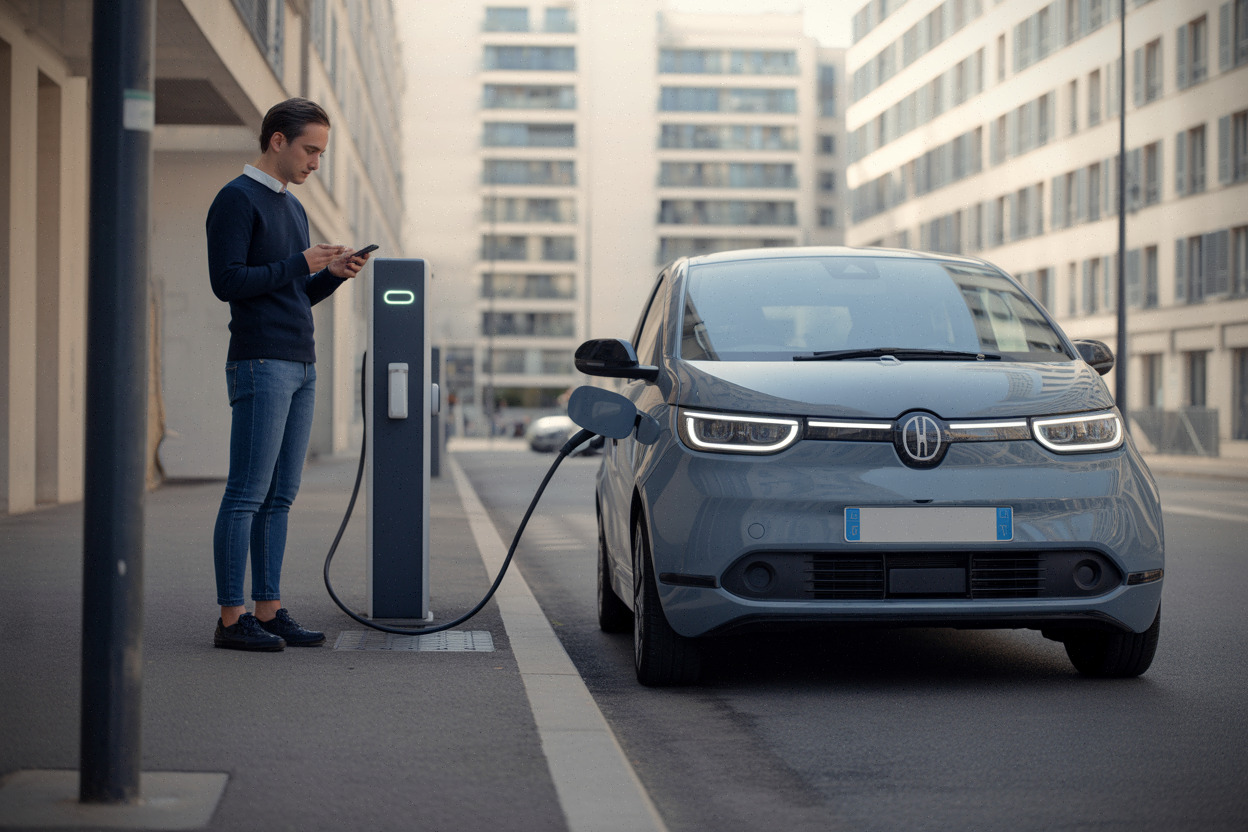 Recharge de voiture électrique en ville près d’un immeuble moderne