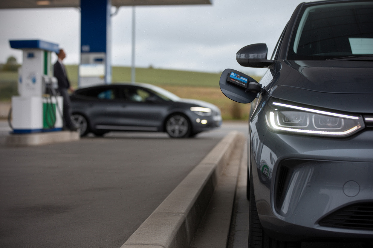 Station-service et voiture électrique illustrant la TICPE carburants