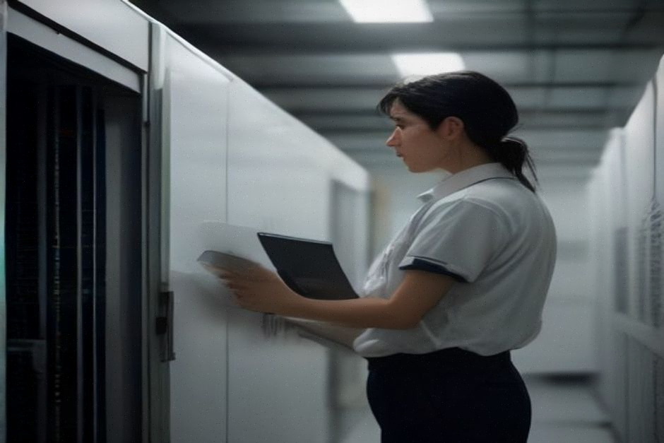 Techniciens européens inspectant des serveurs cloud dans un centre sécurisé