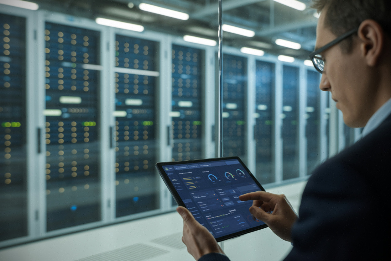 Ingénieur cloud surveillant une infrastructure AWS dans un centre moderne