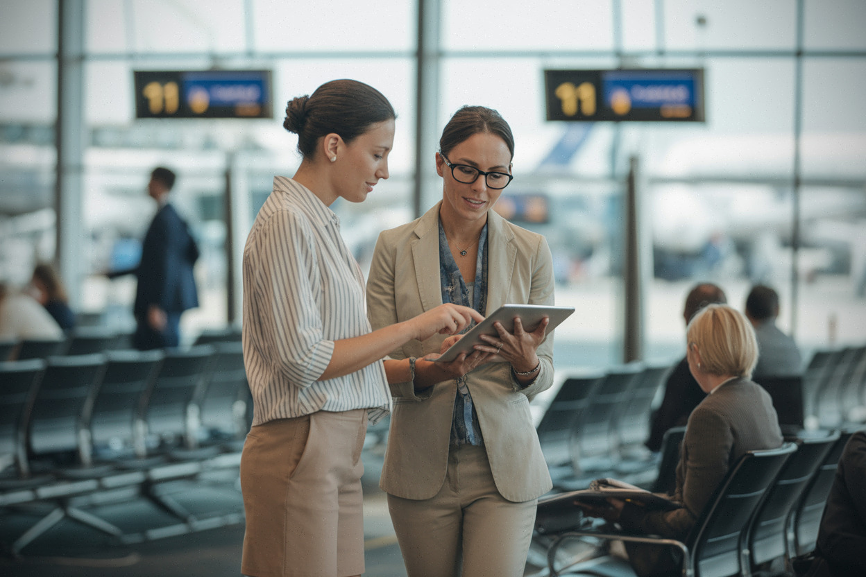 Équipes aériennes utilisant des outils collaboratifs en terminal moderne
