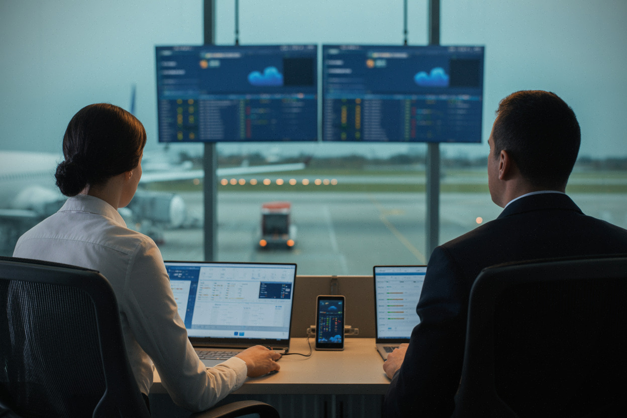 Ingénieurs supervisant une architecture multi-cloud dans un aéroport moderne