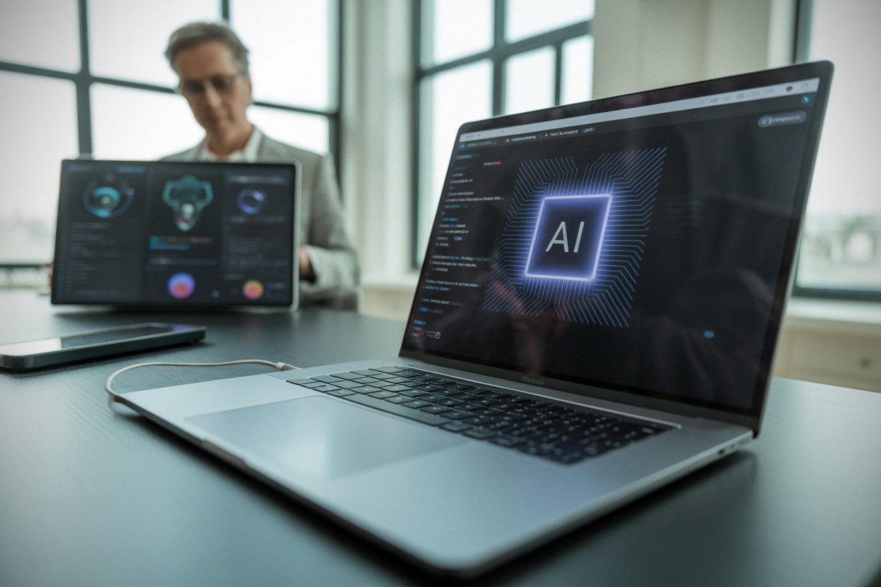Développeur évaluant les performances IA sur ordinateur portable