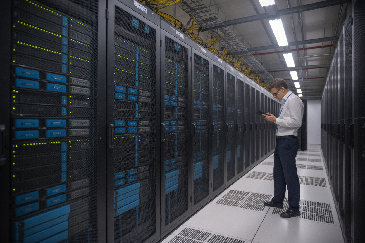 Technicien dans un centre de données illustrant les investissements cloud