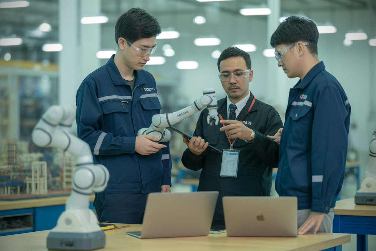 Ingénieurs vietnamiens et japonais travaillant sur robotique industrielle