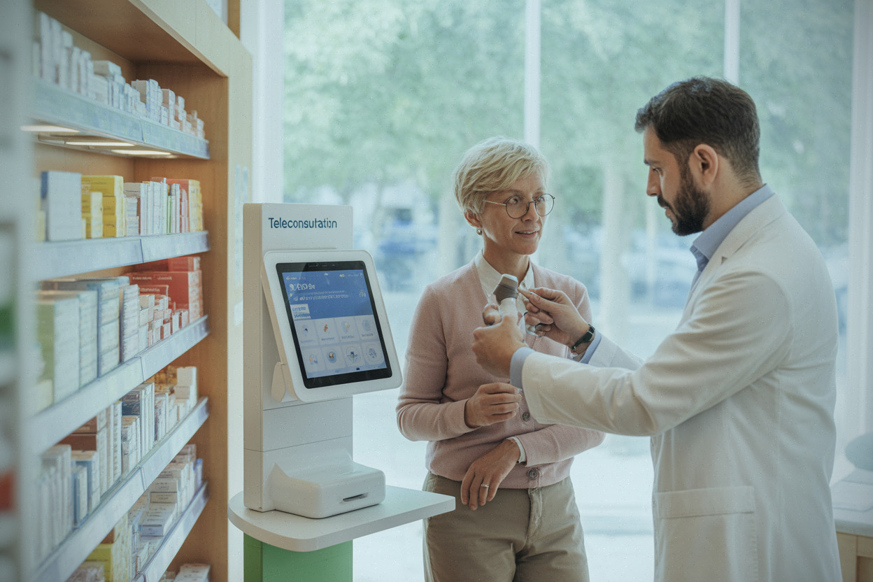 Borne de téléconsultation utilisée dans une pharmacie française moderne