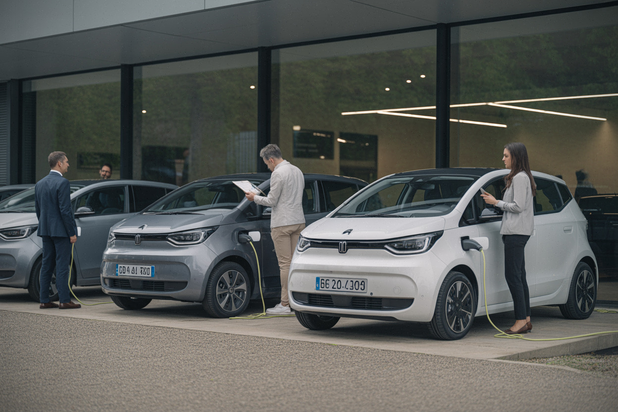 Trois voitures électriques Renault alignées devant une concession française moderne