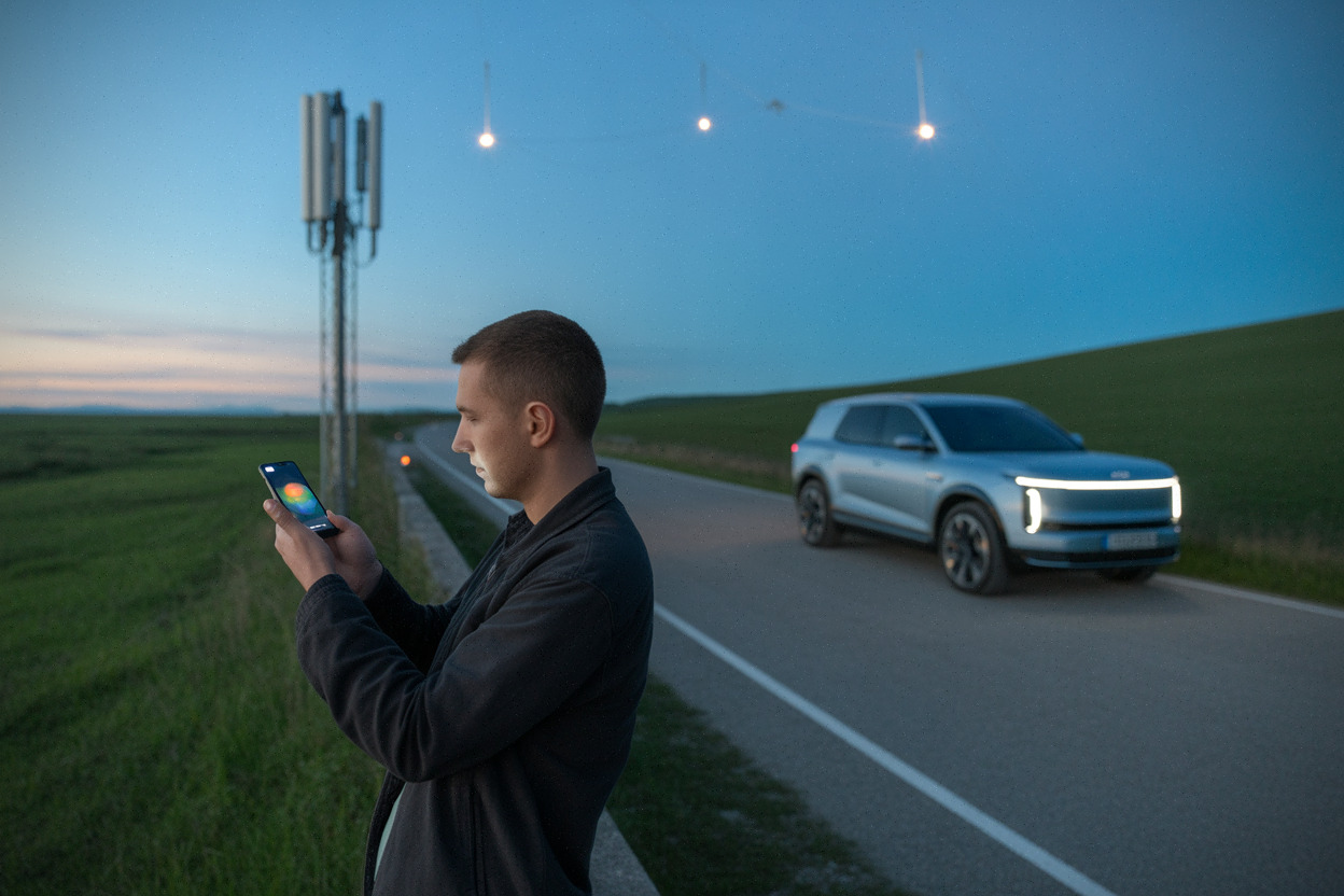 Smartphone connecté par satellite dans une zone rurale isolée