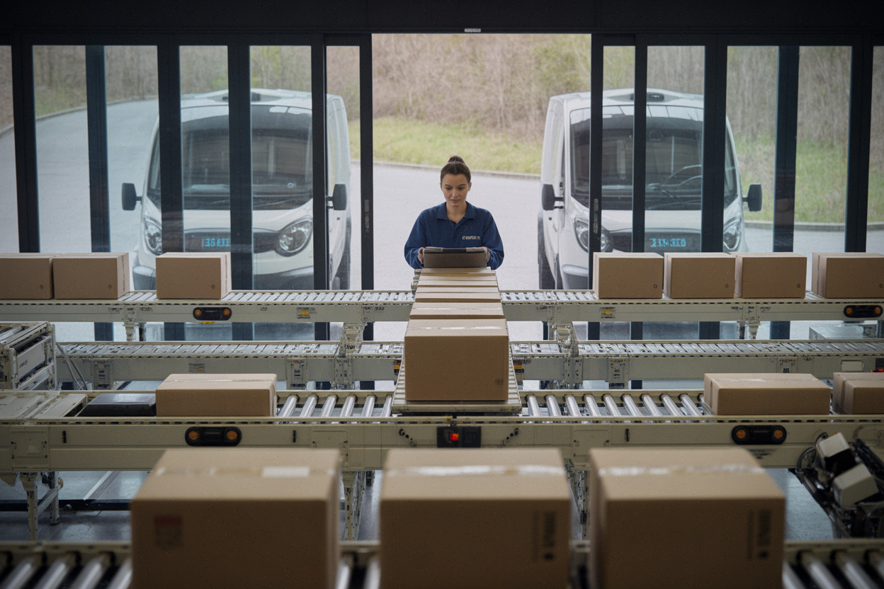 Centre logistique moderne avec colis et équipements automatisés Amazon