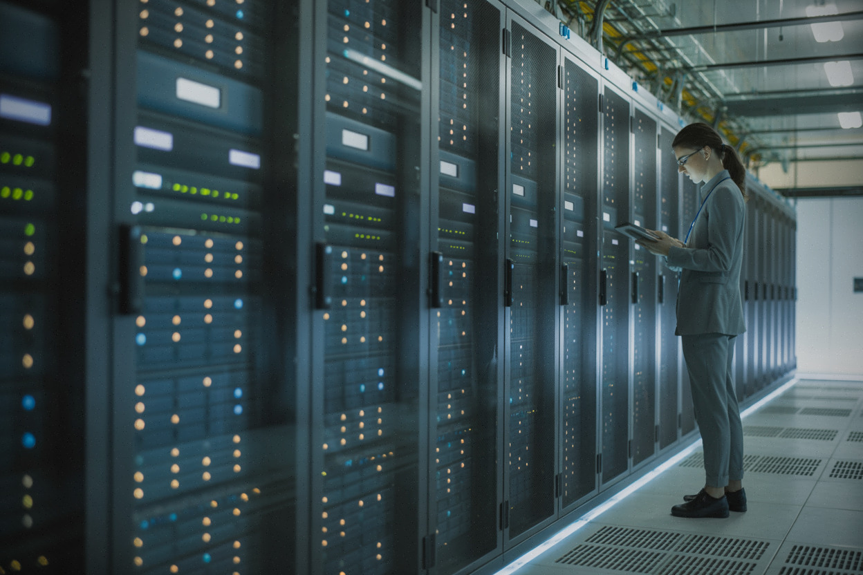 Ingénieur inspectant un centre de données cloud moderne pour AWS