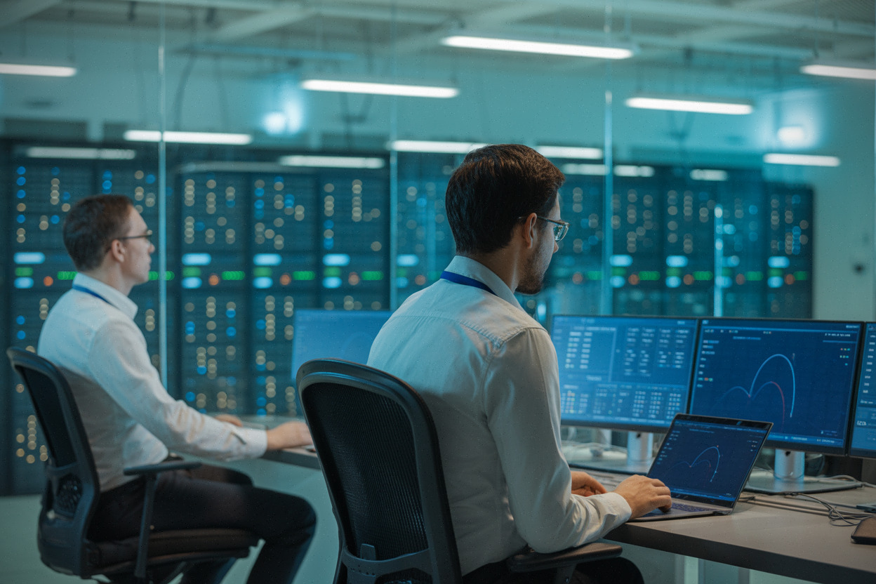 Ingénieurs surveillant une infrastructure Azure dans un centre de données indien